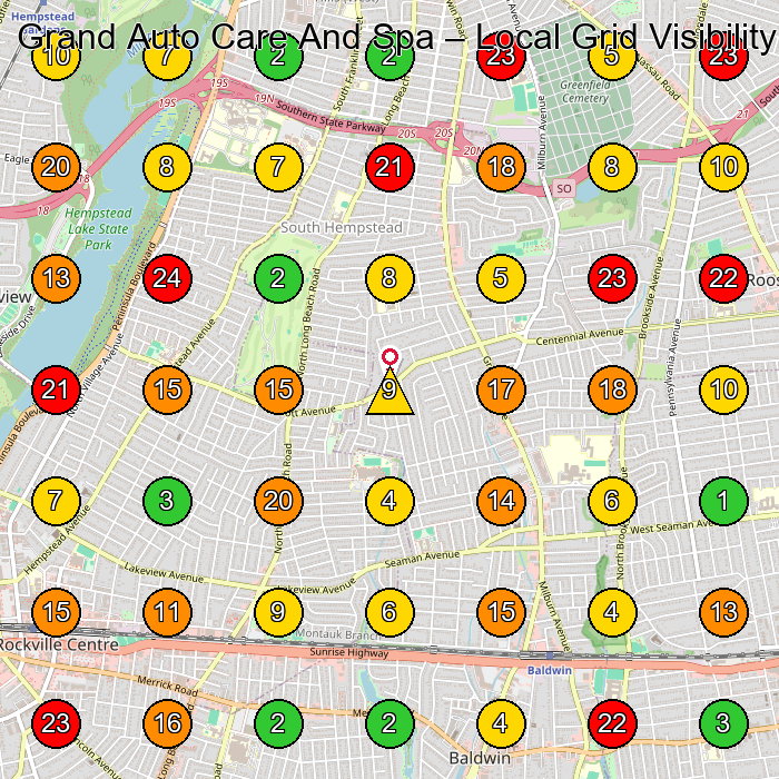 Grand Auto Care And Spa Auto Body Shop GeoGrid ranking map for Baldwin NY